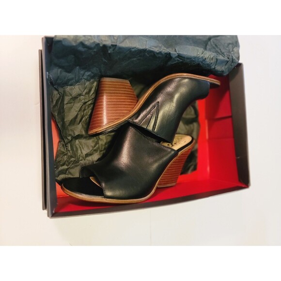 Vince Camuto Black Leather Platform Slide Wedge Wood Heel Sandals, Sz 7 Dormina - Picture 8 of 15